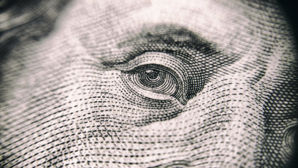 Detailed close-up of a banknote's eye, showcasing its intricate texture and design.